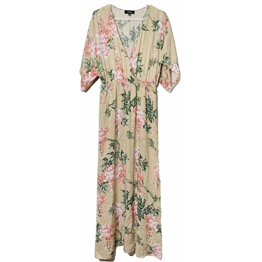 Aakaa Maxi Dress Sz M Faux Wrap Floral Side Slit Woven Kimono Sleeve Cottagecore